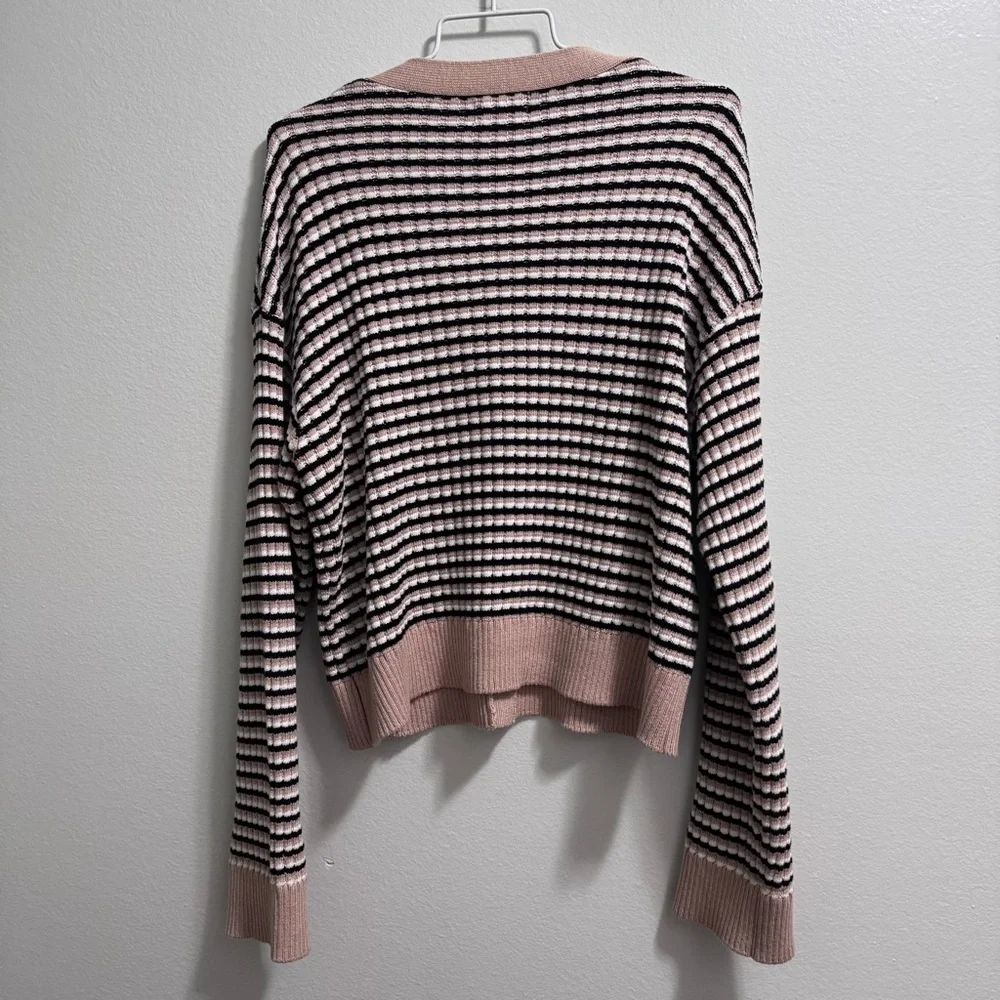 MONROW Wool/Cotton Blend Stripe Cardigan Dusk Winter White Black Stripe X-Small
